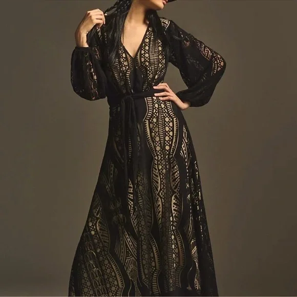 Farm Rio Anthropologie Medium Devore Fringed Maxi Dress Crochet Lace Black - Picture 6 of 15